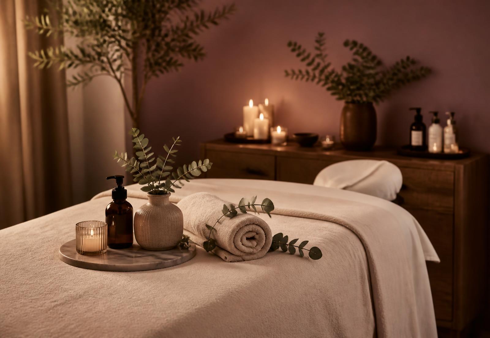 Candlelit massage studio with fresh linens and eucalyptus